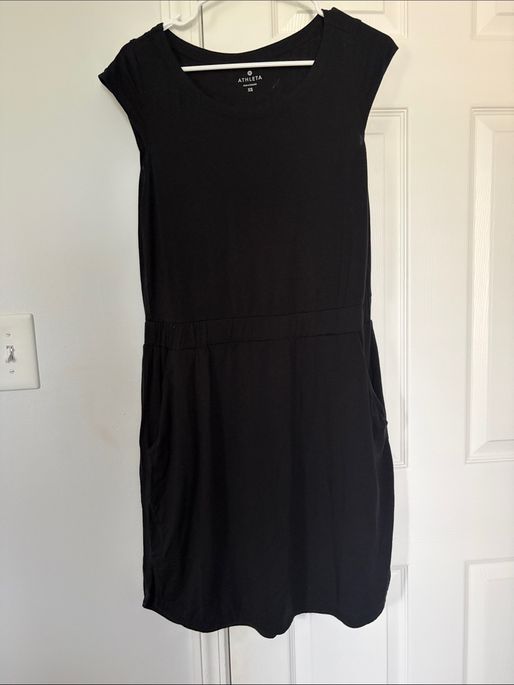 Athleta Black Cap-Sleeve Mini Dress with Side Pockets